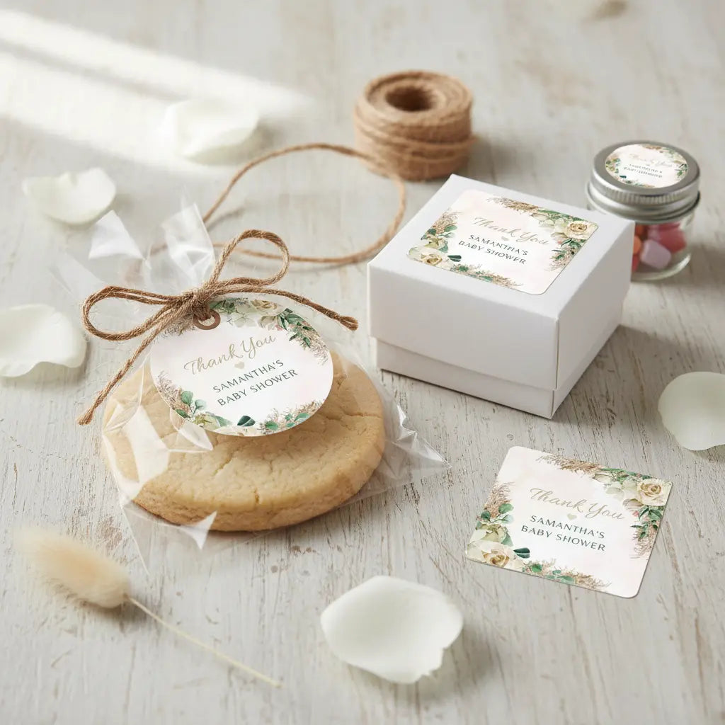 Baby shower favor tags in 3 sizes and shapes featuring an elegant neutral floral design, greenery and customizable text with cookies, a box, on a wooden surface.