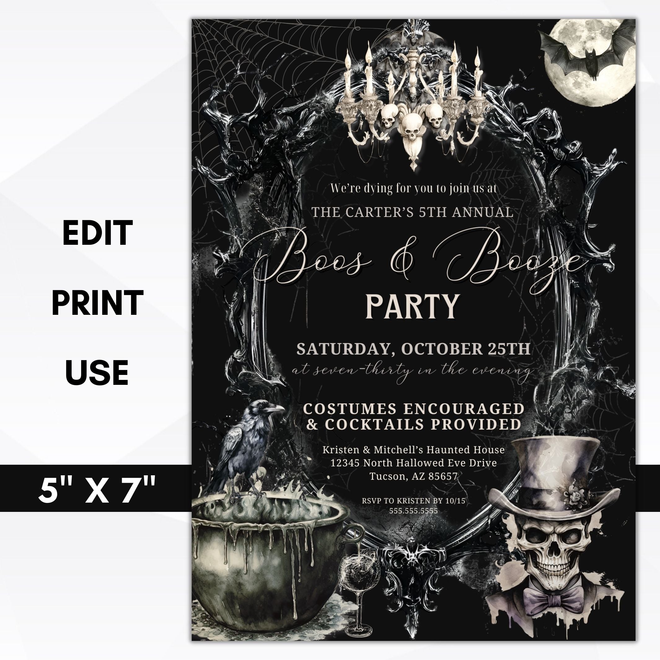 modern vintage boos and booze halloween party invitation with gothic design