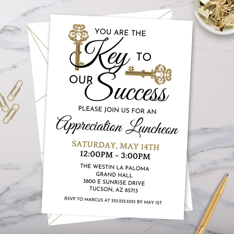 formal and elegant key to our success theme appreciation luncheon invitation for dinner or any thank you event