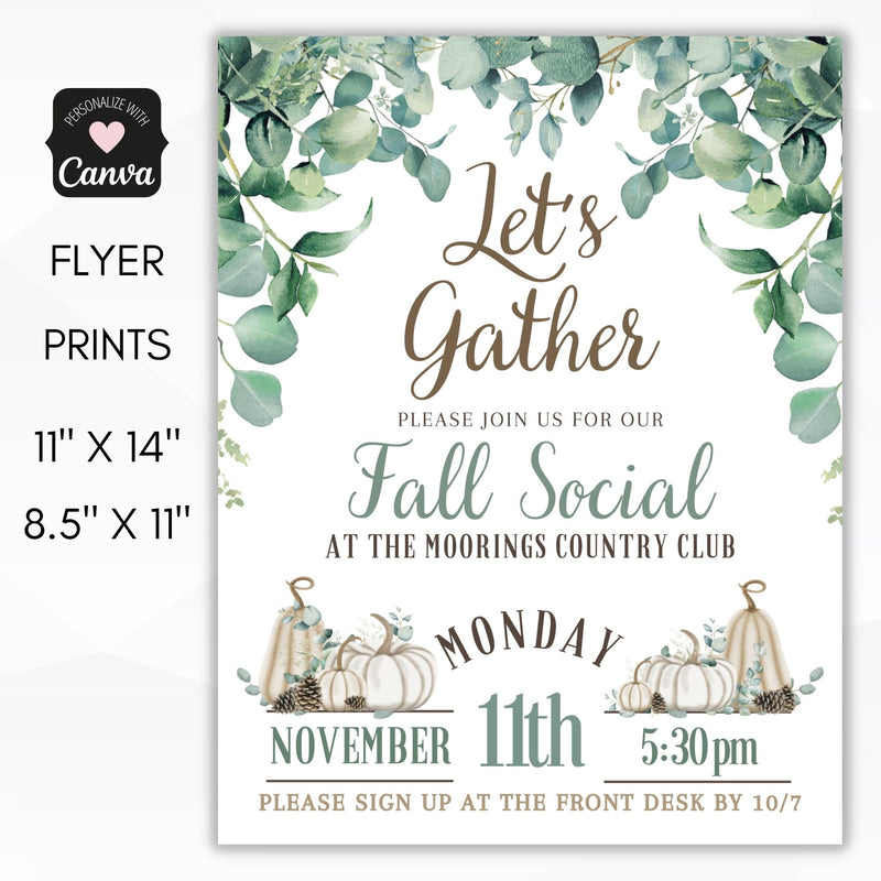 lets gather fall social flyer with white pumpkins, gourds and greenery