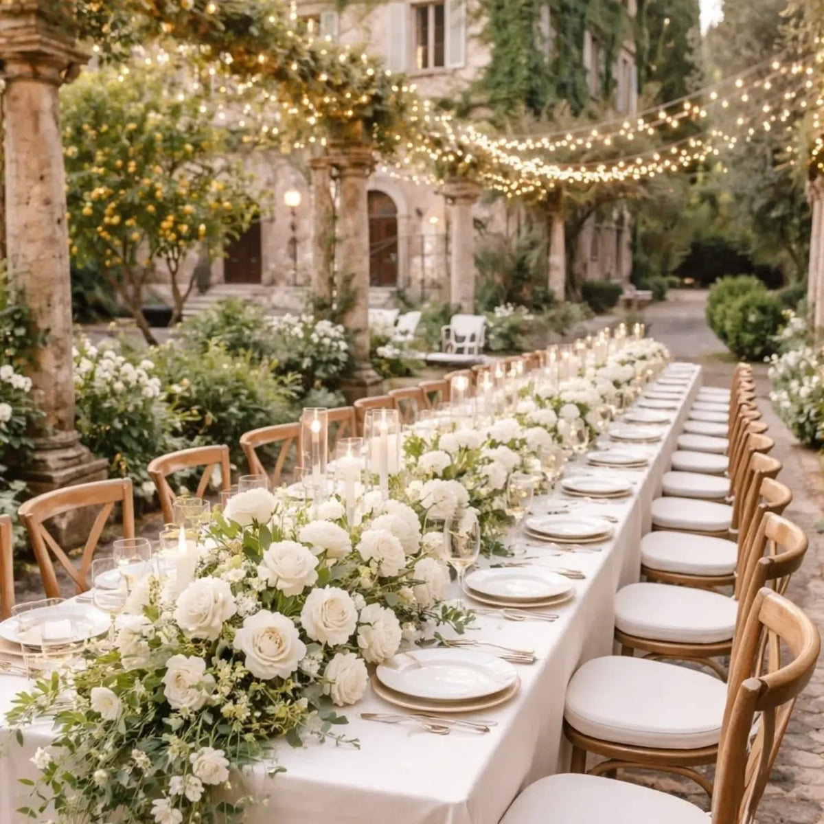elegant outdoor wedding reception with white roses elegant architecture neutral ivory cream natural wood and vintage stone building