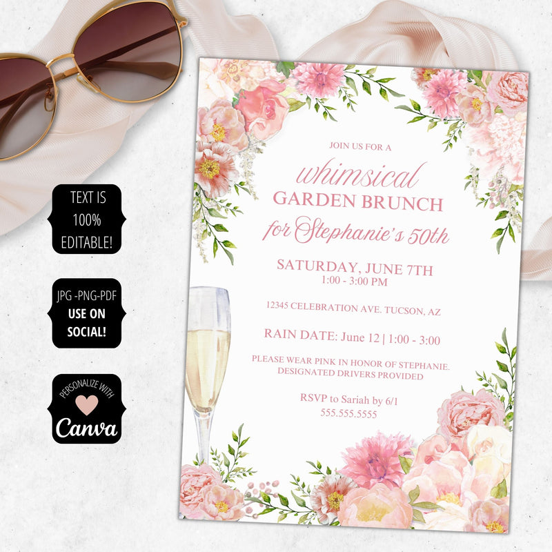pink floral garden brunch invitations