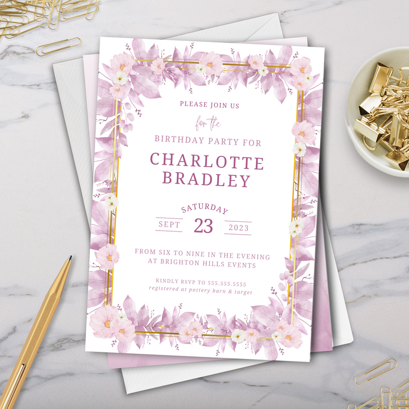 modern elegant purple floral birthday party invitations for any celebration with gold accents