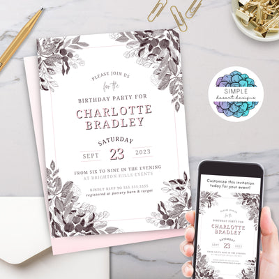 elegant vintage regency era black and blush pink floral birthday invitation