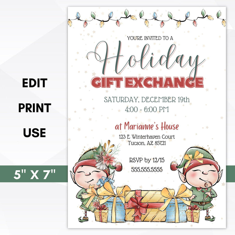 elf holiday gift exchange party invitation