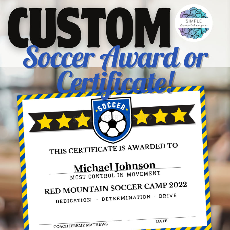 customizable soccer award certificate for end of season or soccer camp