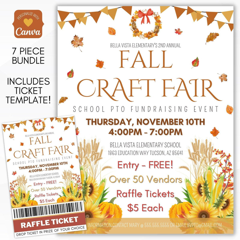 fall craft fair fundraiser event invitation flyer set for business, community, neighborhood, school PTO/PTA/PTC or charity fundraising event