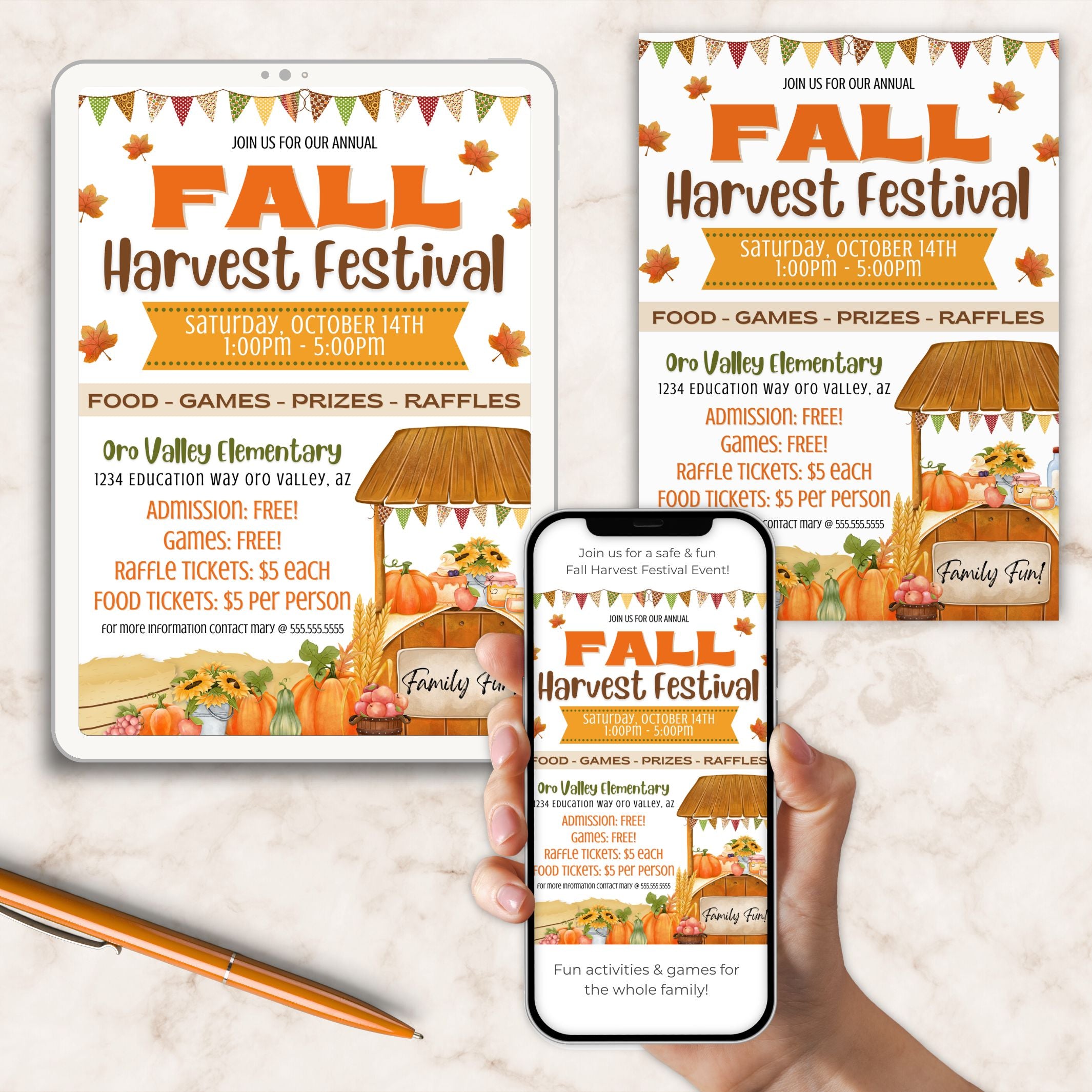 Fall Harvest Festival flyer displayed on a tablet, phone, and paper with pumpkins and autumn leaves.
