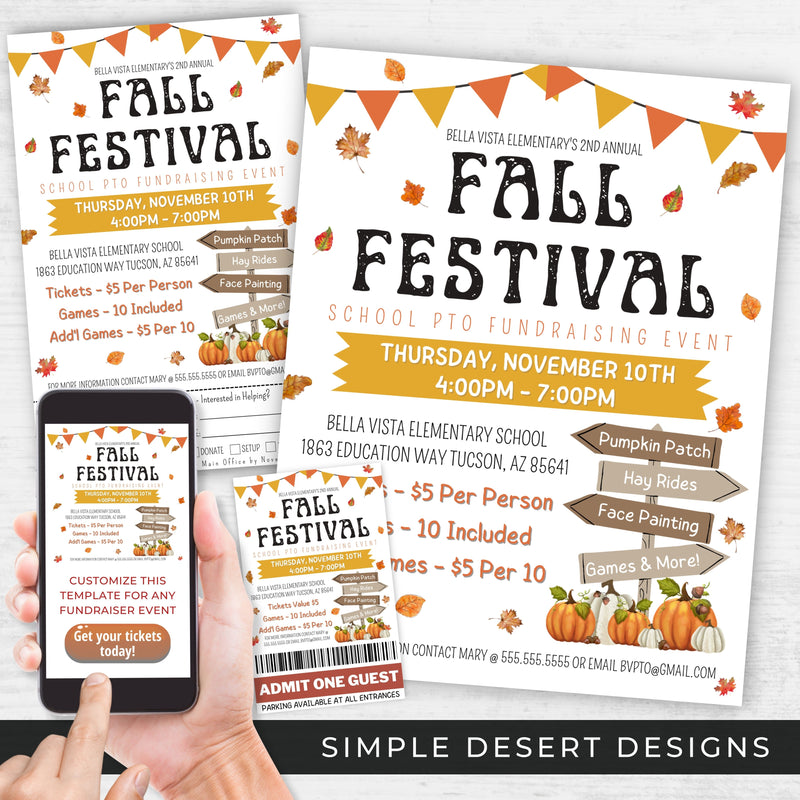 customizable all in one fall theme festival carnival harvest party invitation flyer poster ticket template bundle