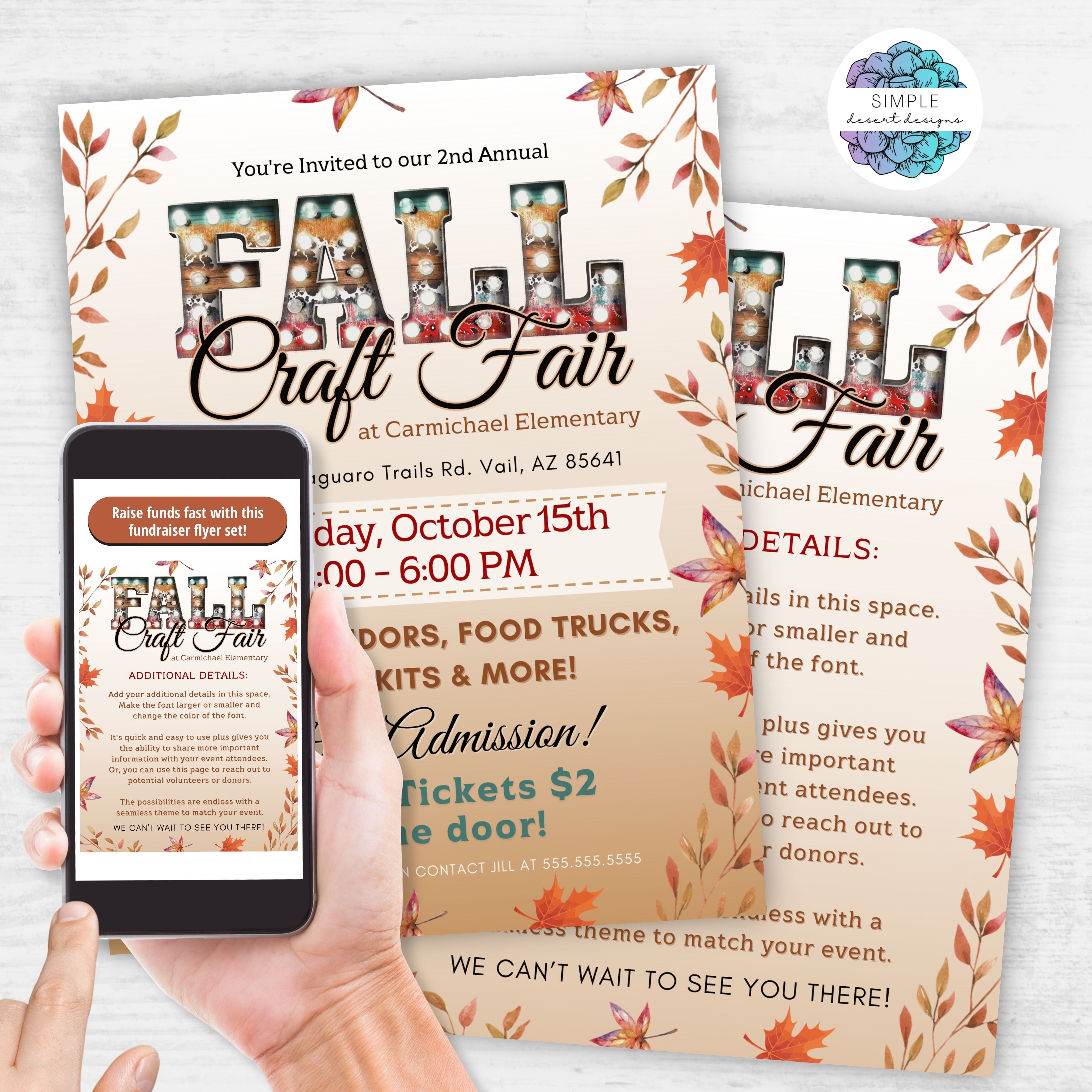 fall craft fair or fundraiser event flyer with additional information page for digital or printed use