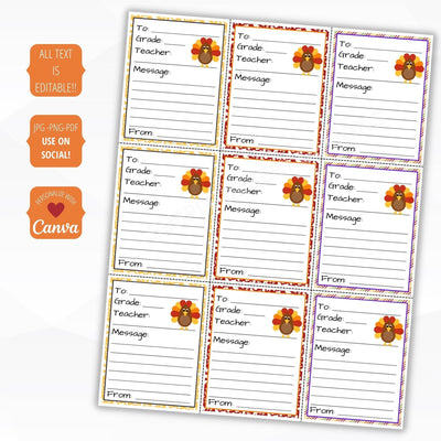 Cute turkey themed candy grams sheet for school fundraising events with fun fall colors. Personalize in Canva and print in PDF, PNG or JPG formats.