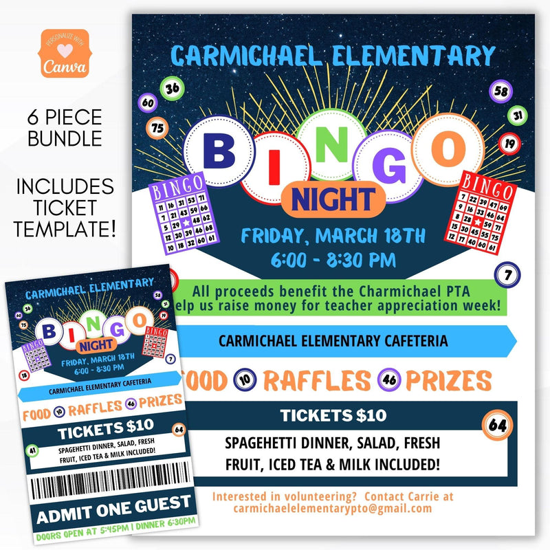 editable bingo night invitation flyer sign ticket bundle school pto pta ptc church neighborhood community business fundraiser template