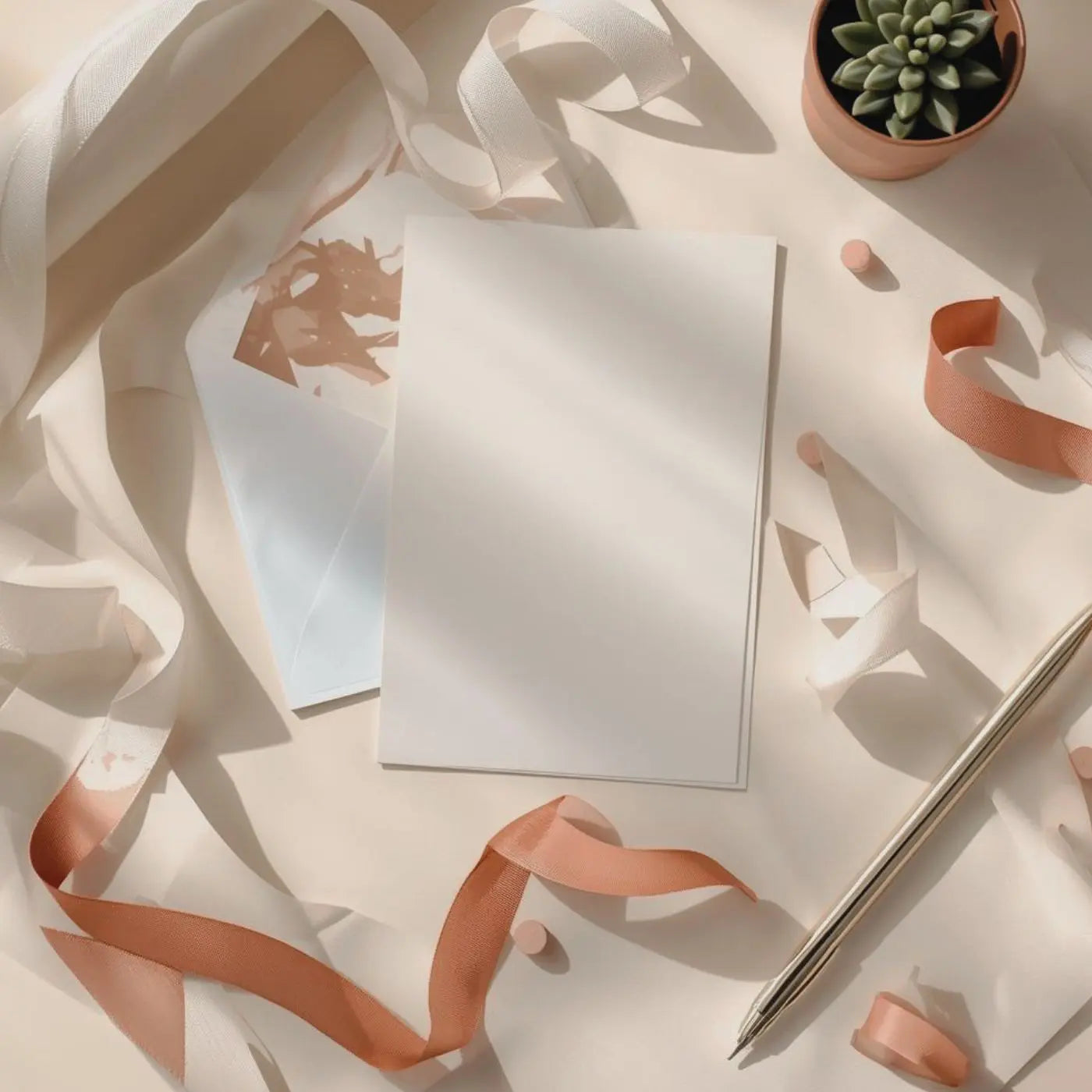 White paper with pink ribbons and a pen on a light surface representing family gather invitation templates and celebration events by Simple Desert Designs.