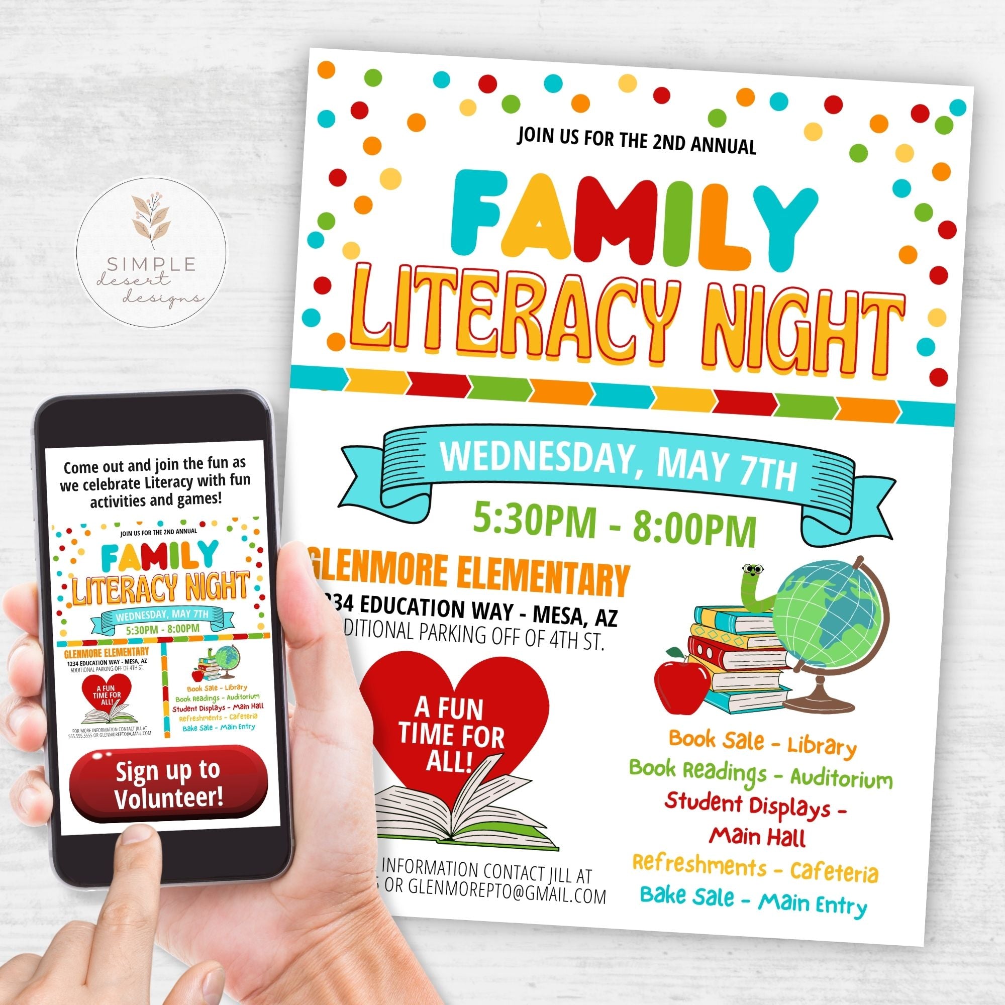 Colorful 'Family Literacy Night' flyer held by a hand with a phone displaying the same flyer.