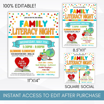 school pto flyer sign poster set classroom literacy parent reading book fair night