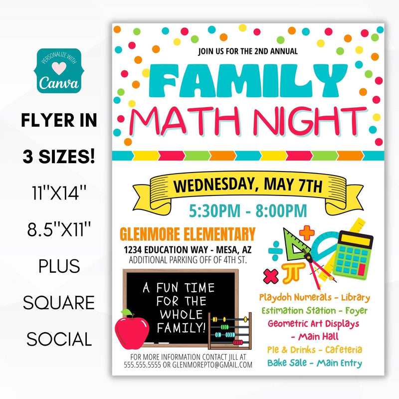 family math night flyer bundle school pto classroom party invitation