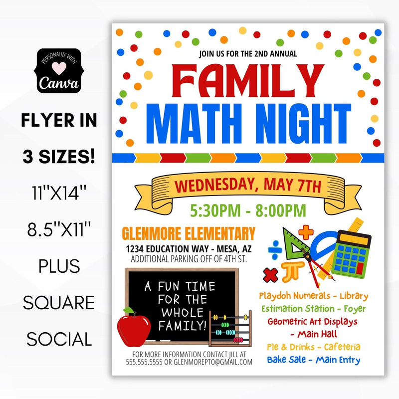 family math night flyer bundle school pto classroom party invitation