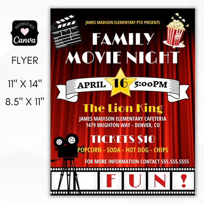 family movie night fundraiser flyer sign set school pto pta ptc church community fundraiser