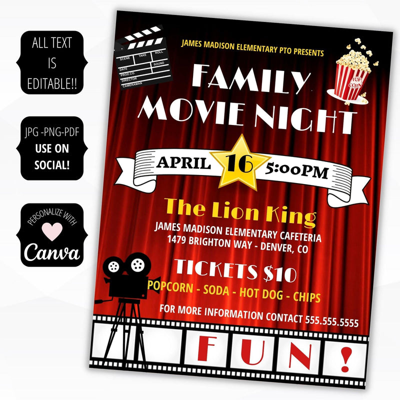 school church athletic fundraising idea movie night dinner and a movie night editable template