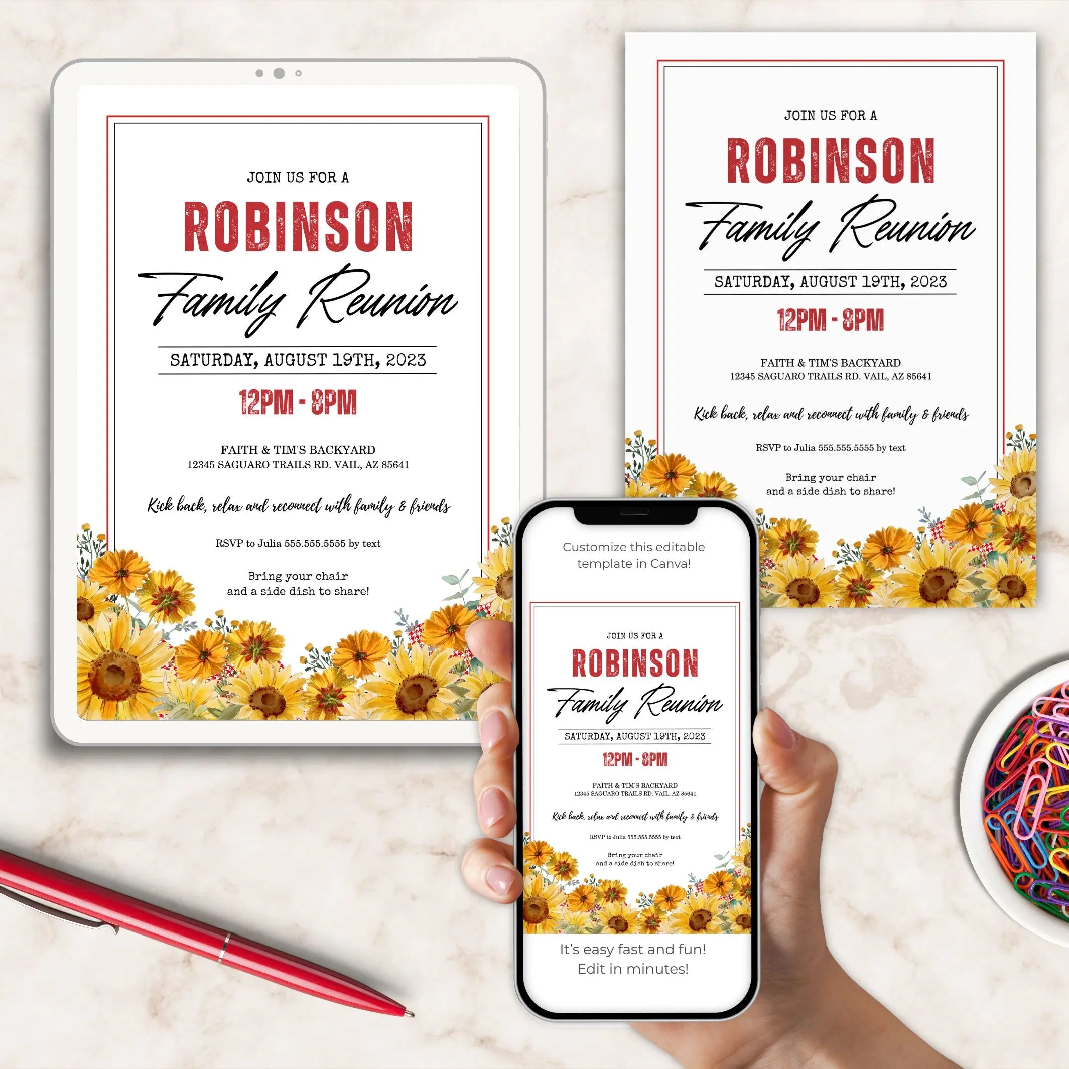 Family reunion invitation design on a tablet, phone, and paper with sunflower graphics.