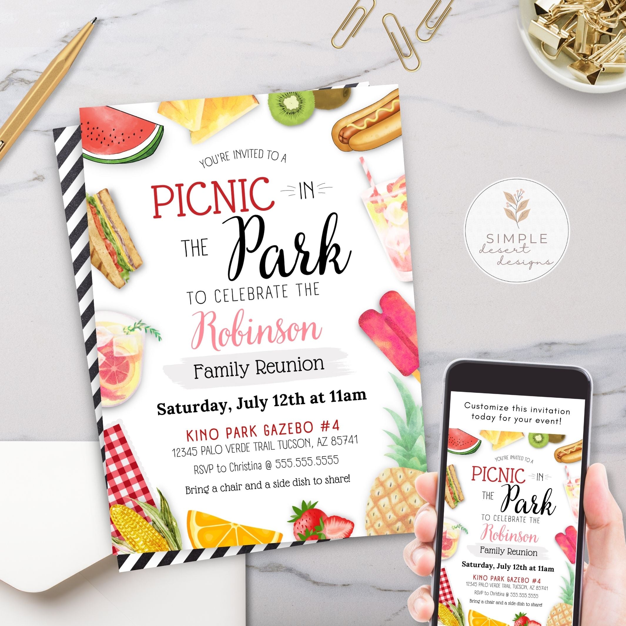 Picnic-themed family reunion invitation with food illustrations and a phone displaying the invitation.