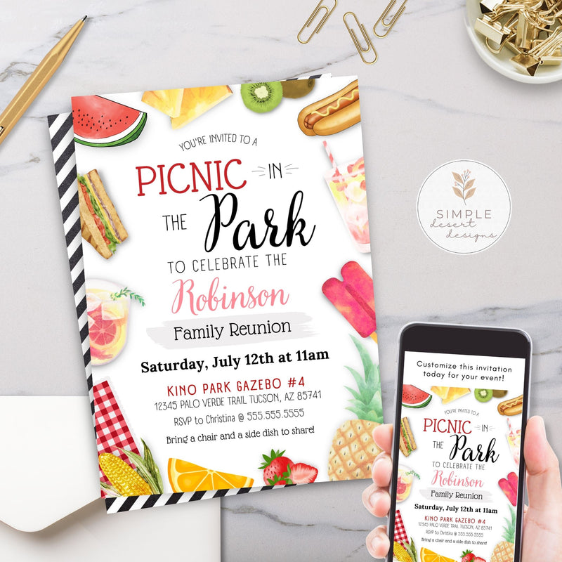 Picnic-themed family reunion invitation with food illustrations and a phone displaying the invitation.