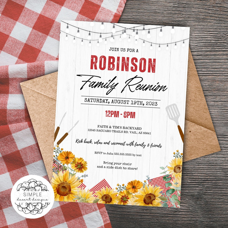 personalized family reunion barbeque invitation with red gingham and sunflowers