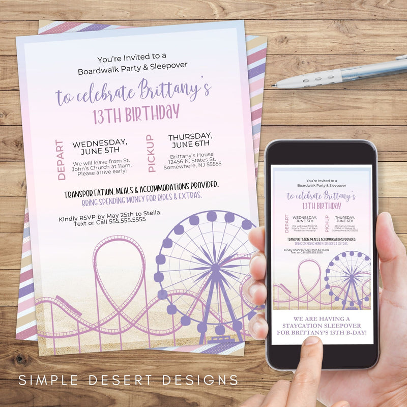 girly pastel beach theme boardwalk birthday party invitations