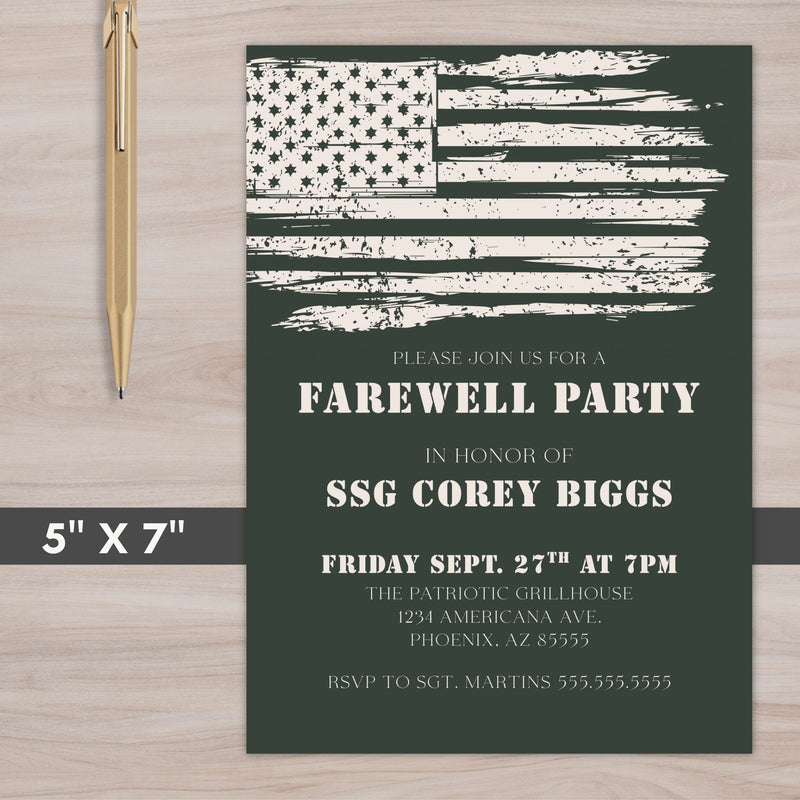 Farewell party invitation with American flag design on a wooden surface with a pen.
