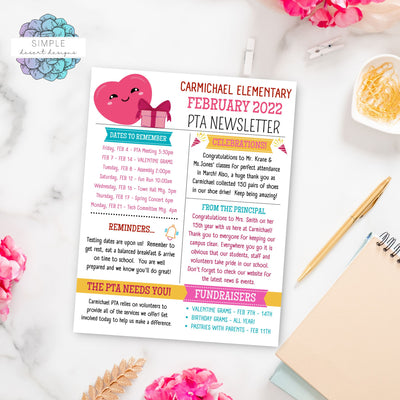 cute february newsletter template for school, work, business digital and printable