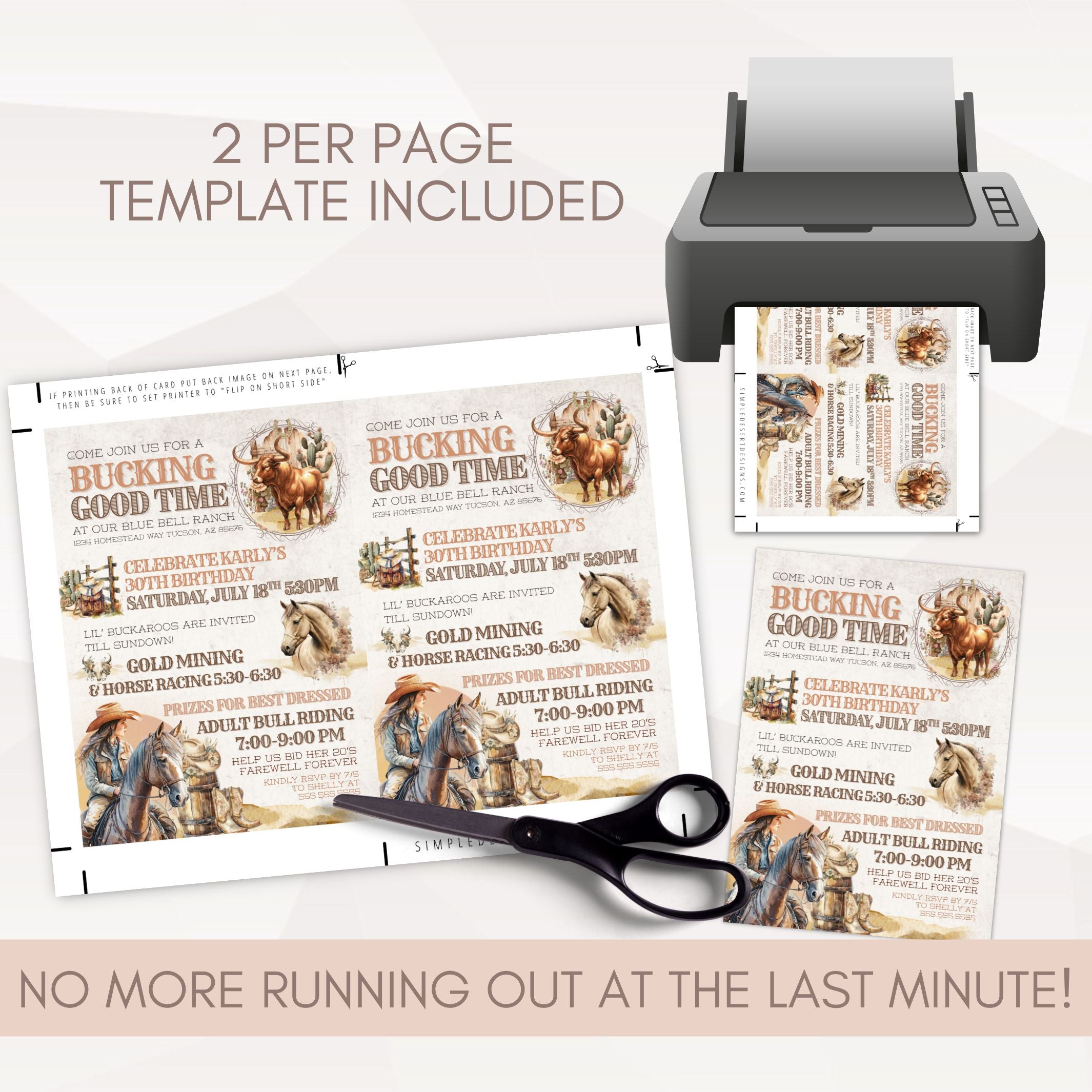 Printable rodeo or western theme birthday party invitation for women including DIY print sheets and digital options for bull riding birthday party.