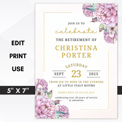 purple and gold retirement party invitation