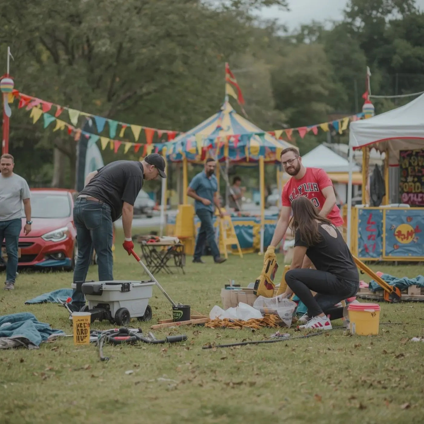People setting up a festive outdoor event with colorful decorations to represent editable carnival and festival event templates for schools, community and nonprofit fundraising events.