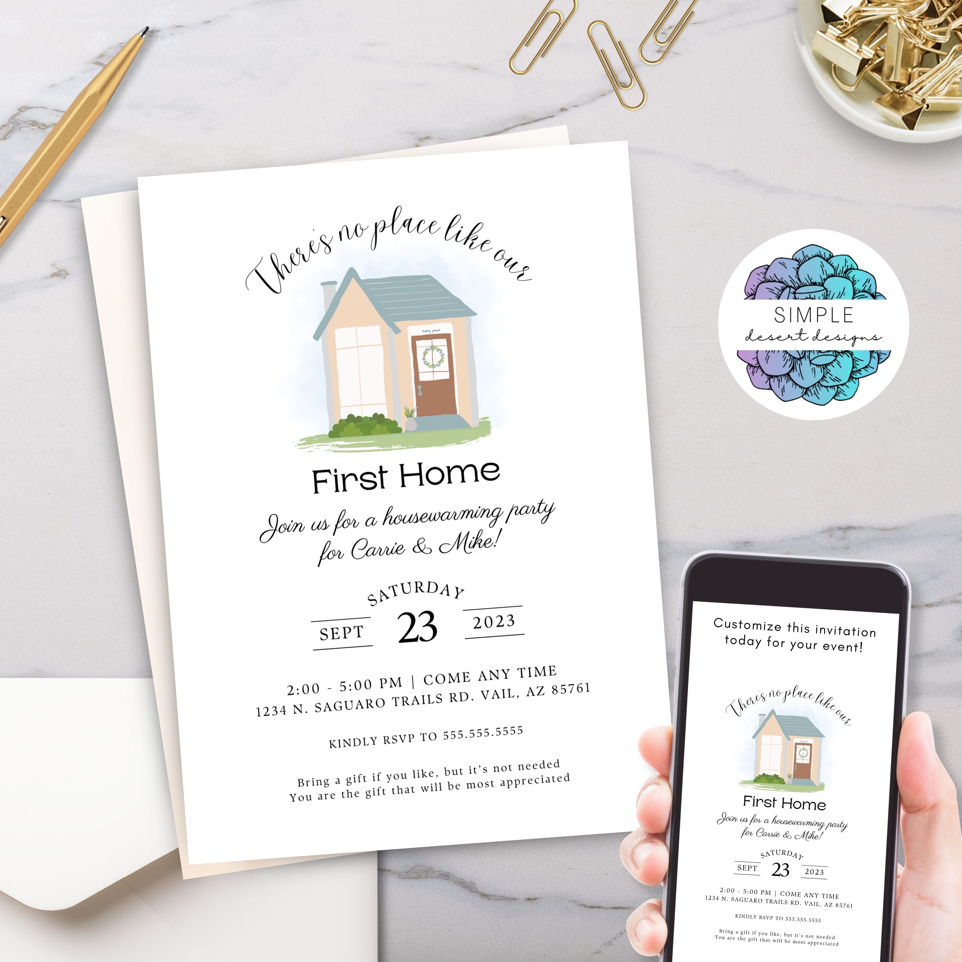 first home housewarming party invitation with simple quaint cottage image script handwriting and simple typography