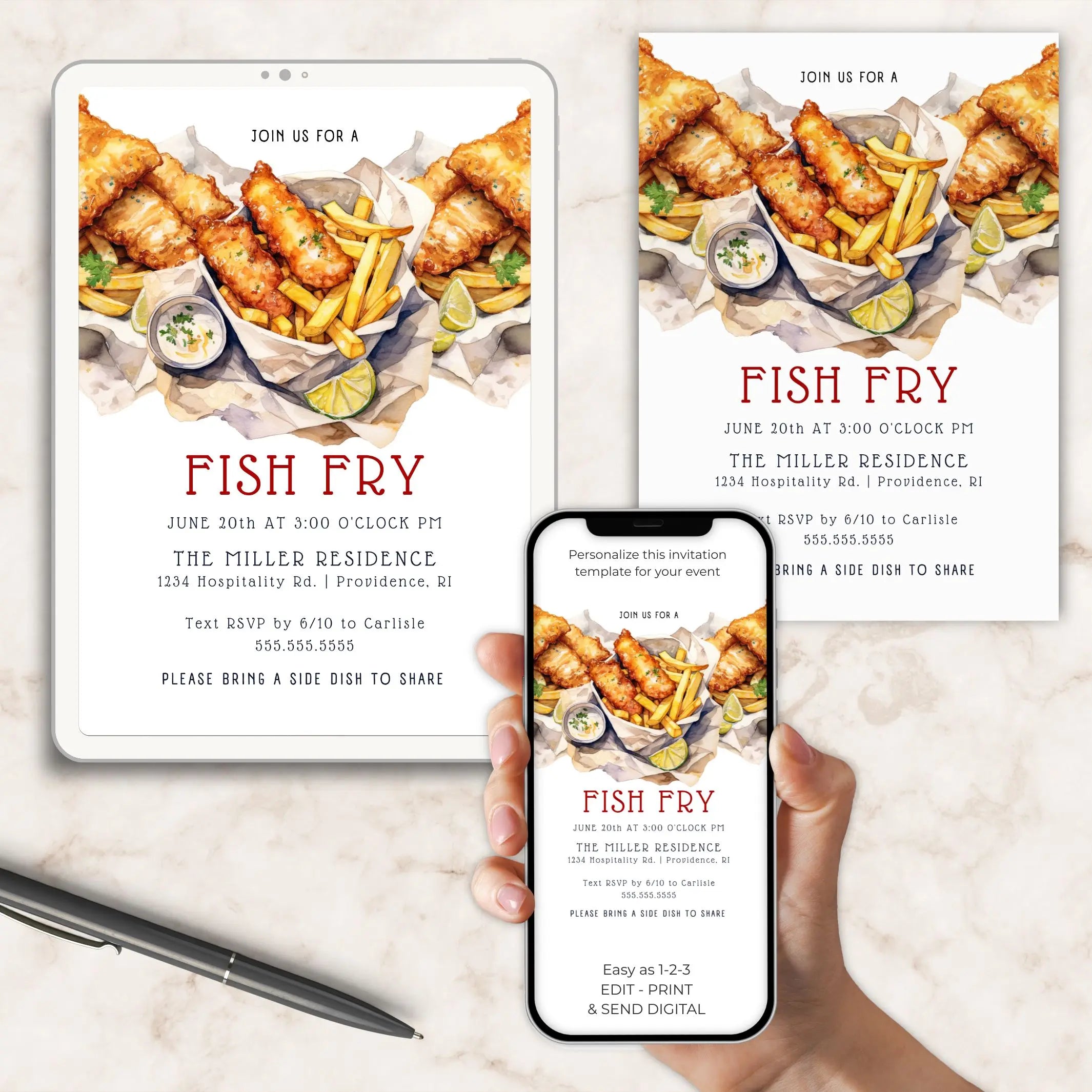 A digital mockup showing a customizable fish fry event invitation card and its mobile phone template. The design features a mouth-watering photo of golden-fried fish sticks and french fries with lemon wedges on a white background, with elegant red typography.