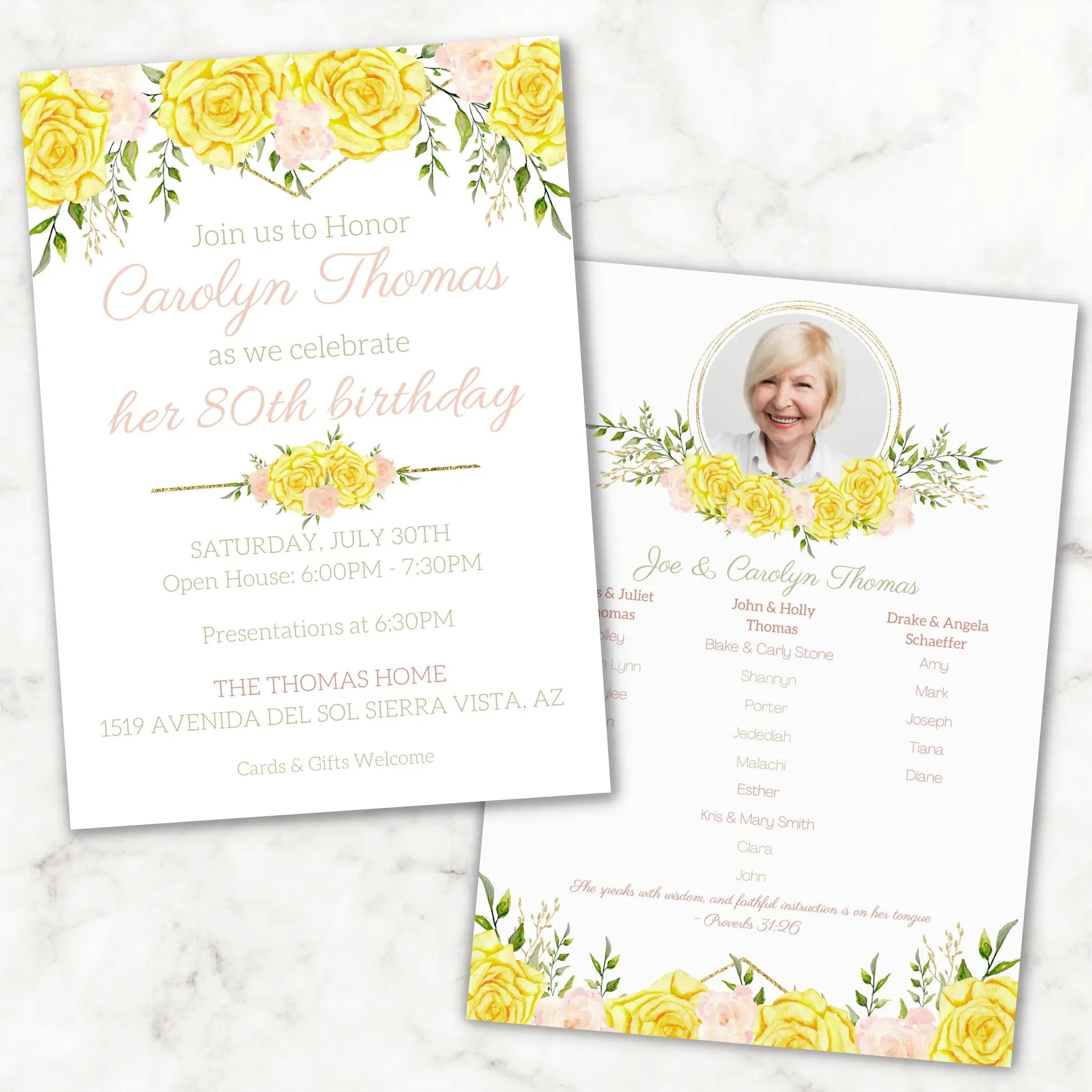 Invitation card for Carolyn Thomas' 80th birthday celebration with floral design on front and family tree information on back on a marble background.