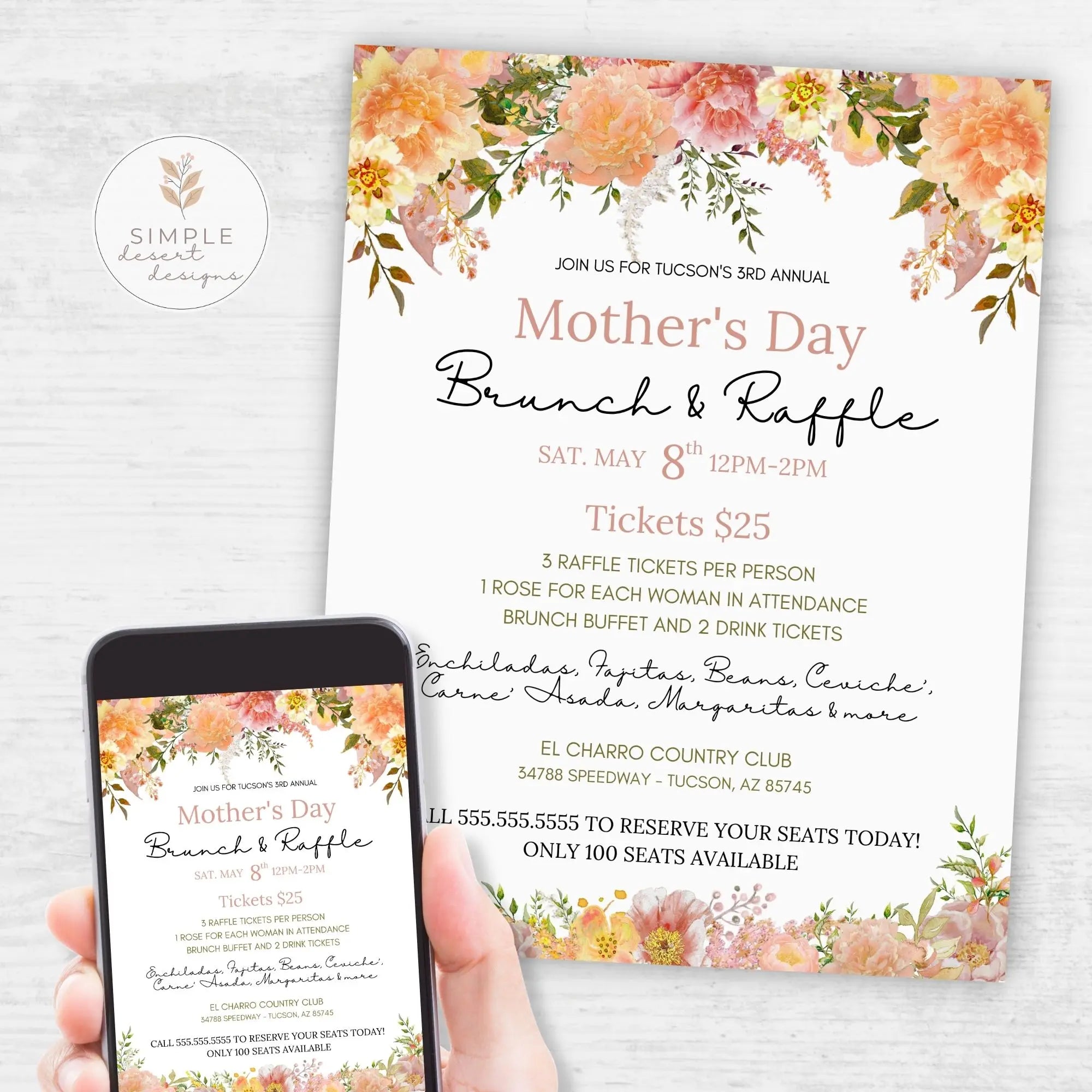 Floral Mother's Day Brunch & Raffle invitation with a phone displaying the same design.