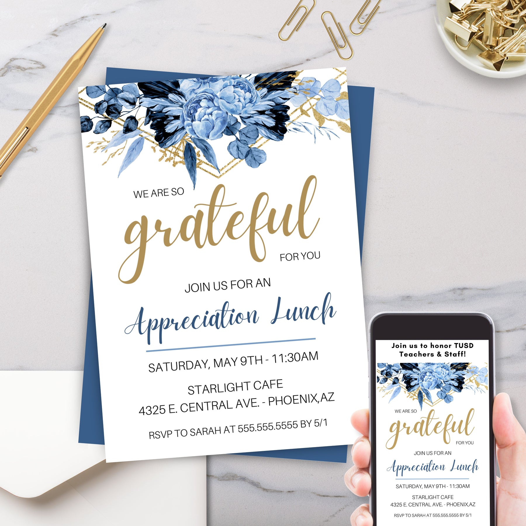 Spring Luncheon Invite Navy Blue & Gold Floral Luncheon Invite – Simple Desert Designs