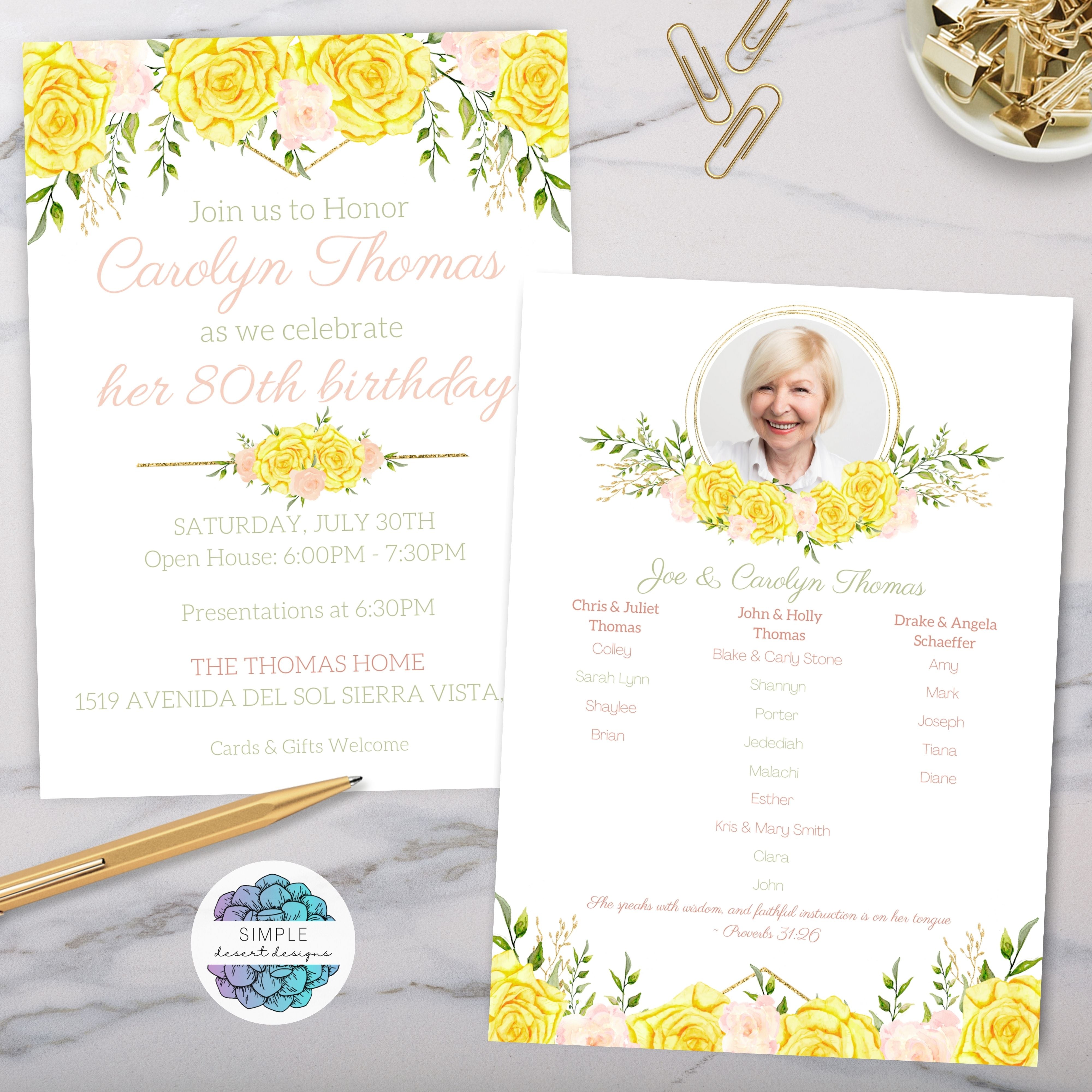 elegant floral birhday party invitaitons for 80th birhtday or any year