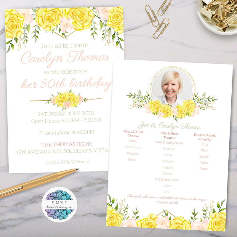 elegant floral birhday party invitaitons for 80th birhtday or any year
