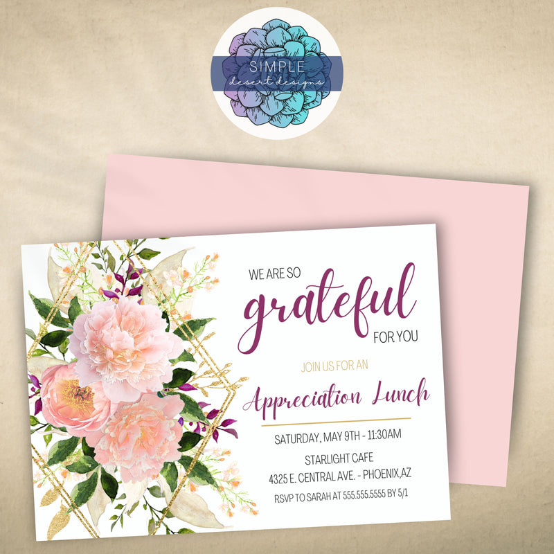 elegant floral appreciation invitation with blush pink and wildflowers with gold accents