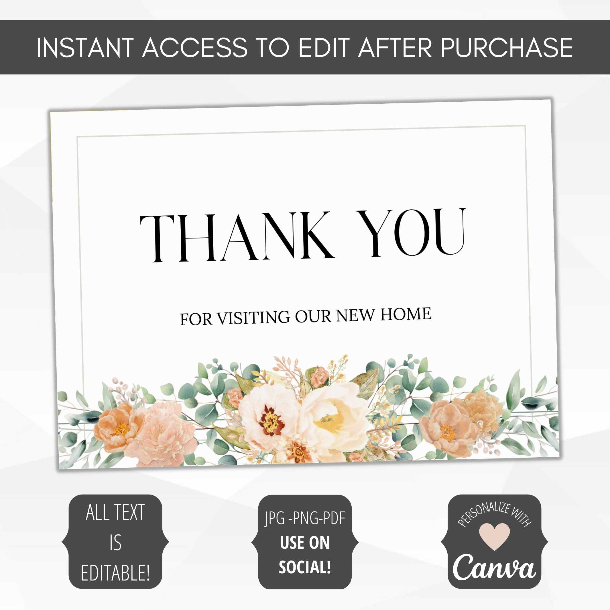 Thank you card for visiting a new home with floral design and text editing options.