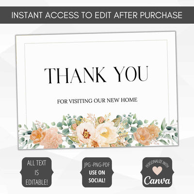Thank you card for visiting a new home with floral design and text editing options.
