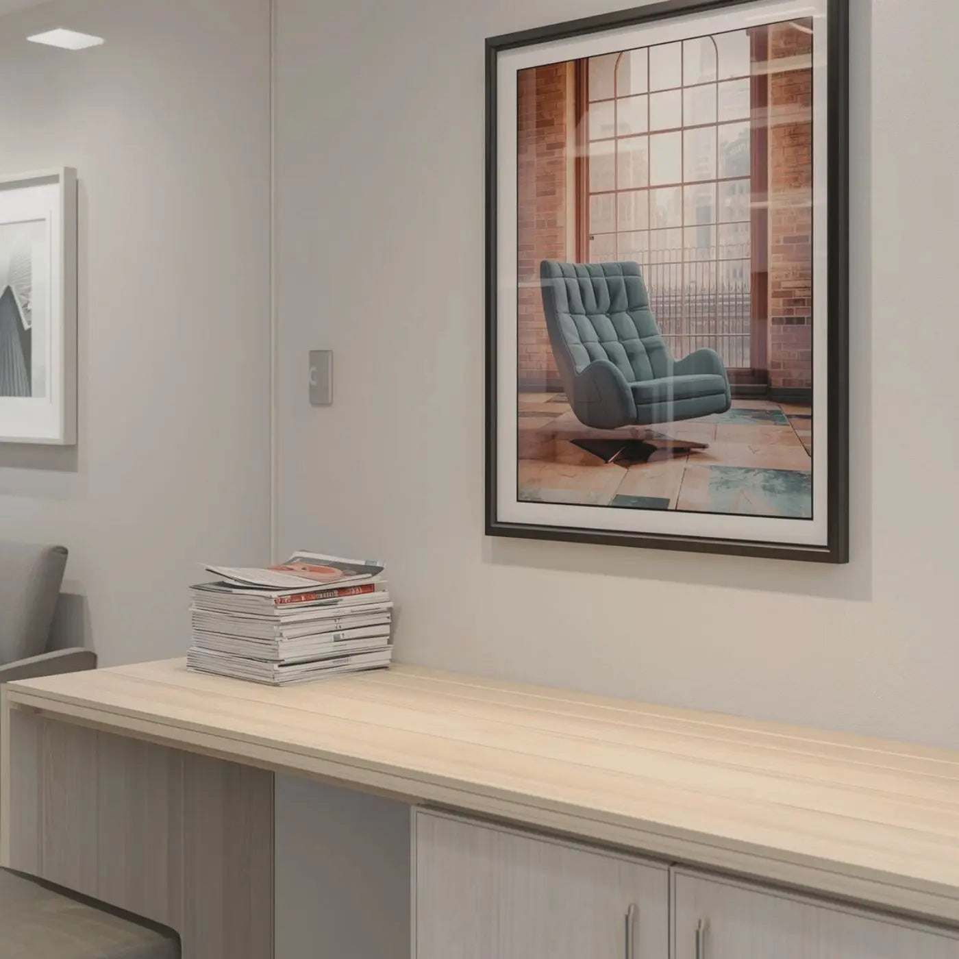 Framed picture of a chair on a wall above a desk with magazines and flyers representing editable flyers, posters and sign templates designed by Simple Desert Deisgns.