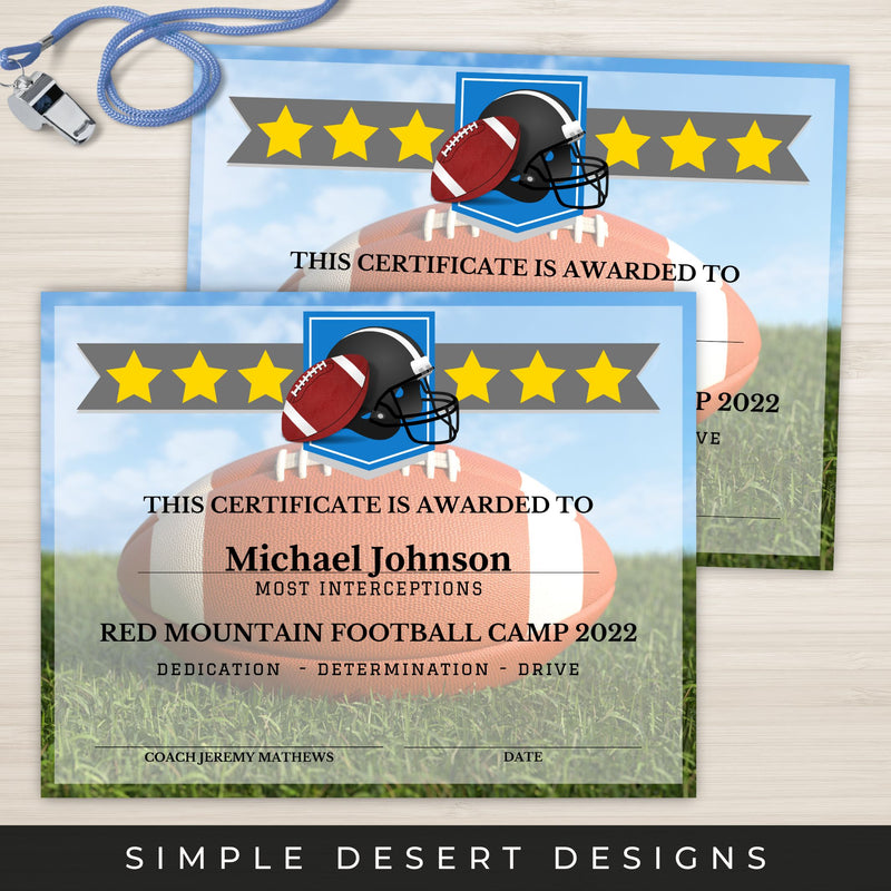 Two football-themed certificates on a wooden surface with &