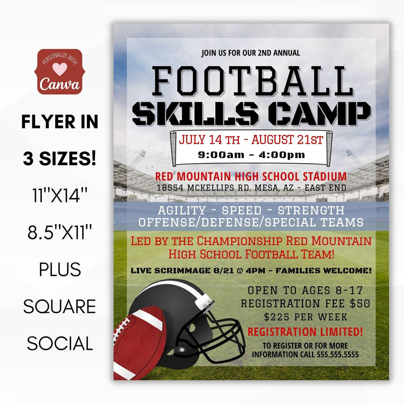 youth high school club football skills camp flyer poster social media marketing set