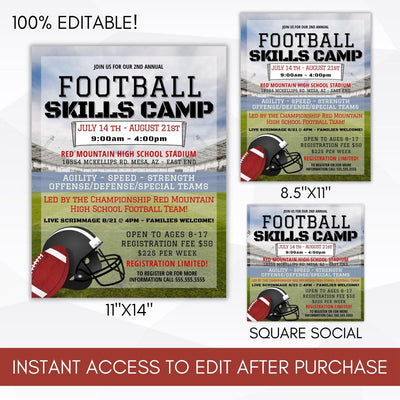 editable printable football summer camp flyer template