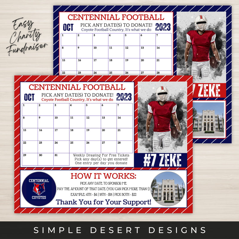 customizable football calendar fundraiser with space for athlete photo, logo and charity logo