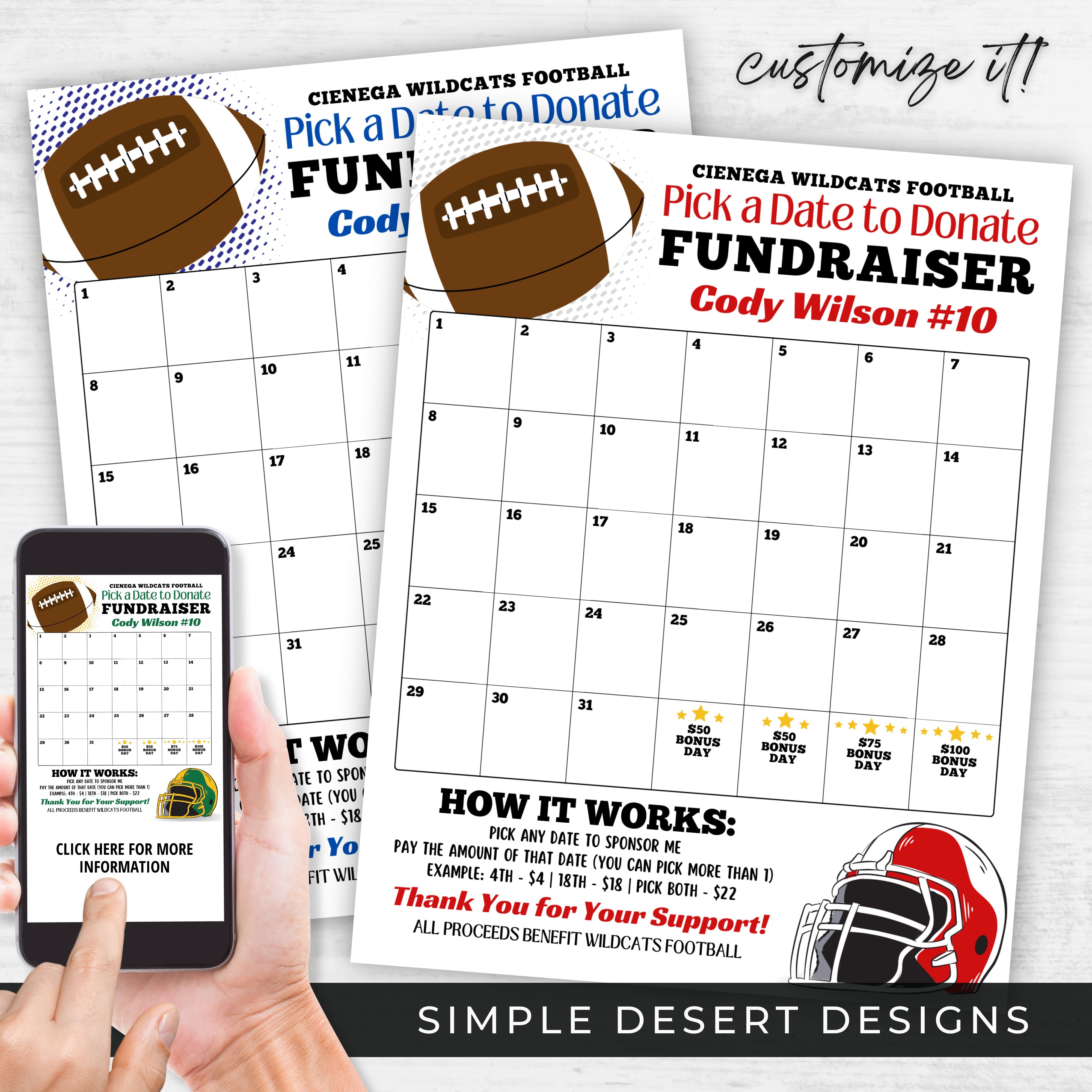 custom colors football calendar fundraiser template for easy sports fundraising
