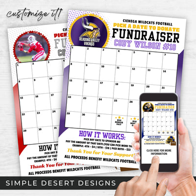 customizable football calendar fundraiser template with pick a day to donate feature and photo or logo space